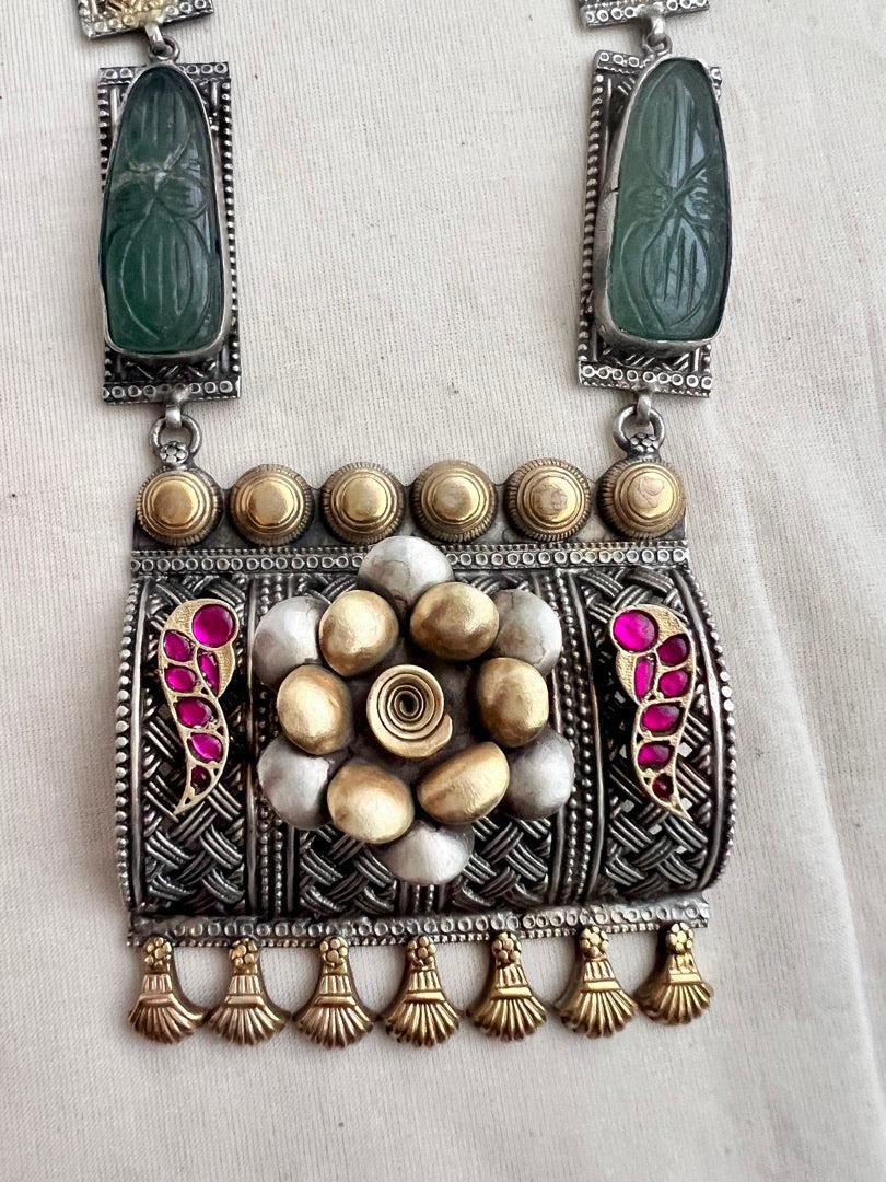 Dual tone mesh work statement necklace with carved jade stone and lotus motifs-Silver Neckpiece-CI-House of Taamara