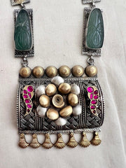 Dual tone mesh work statement necklace with carved jade stone and lotus motifs-Silver Neckpiece-CI-House of Taamara