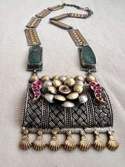 Dual tone mesh work statement necklace with carved jade stone and lotus motifs-Silver Neckpiece-CI-House of Taamara