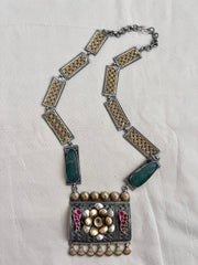 Dual tone mesh work statement necklace with carved jade stone and lotus motifs-Silver Neckpiece-CI-House of Taamara