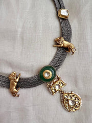 Dual tone necklace with cow motif and kundan inlay work pendant-Silver Neckpiece-CI-House of Taamara
