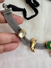 Dual tone necklace with cow motif and kundan inlay work pendant-Silver Neckpiece-CI-House of Taamara