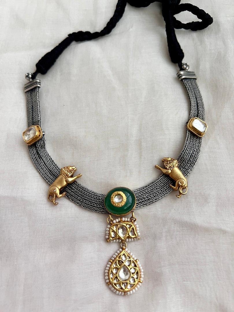 Dual tone necklace with cow motif and kundan inlay work pendant-Silver Neckpiece-CI-House of Taamara