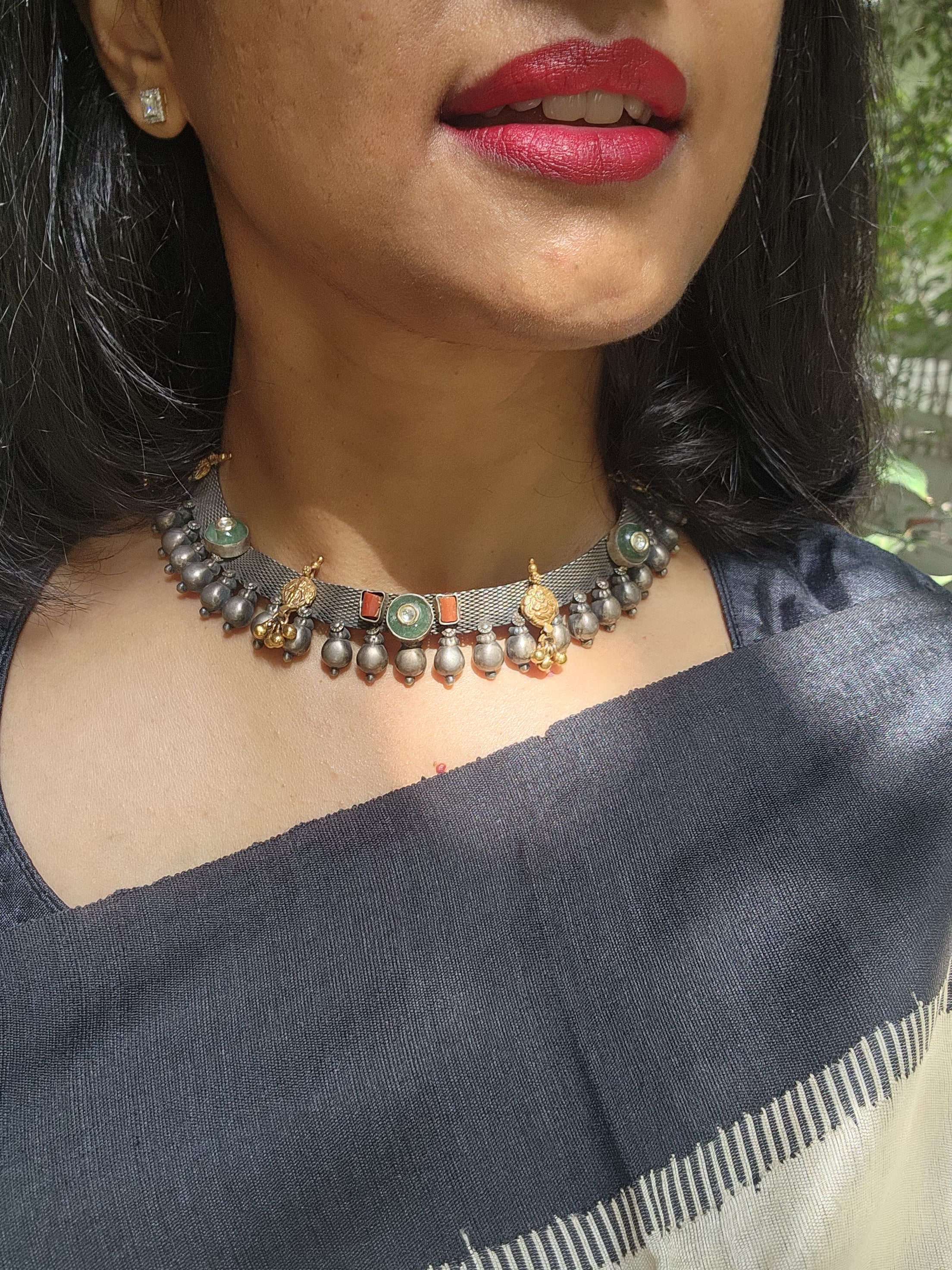Dual tone necklace with kundan, coral and nakash motif-Silver Neckpiece-CI-House of Taamara