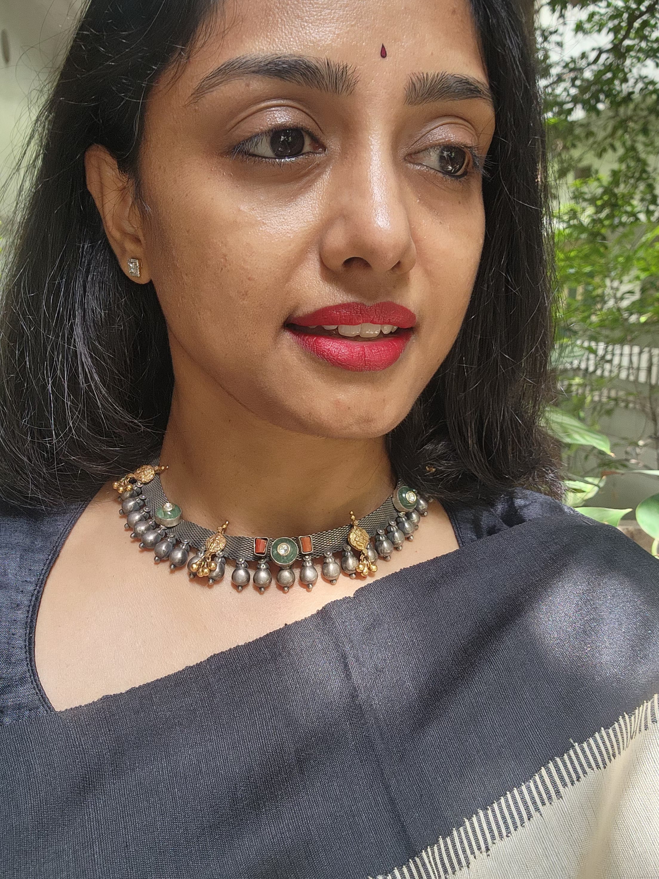 Dual tone necklace with kundan, coral and nakash motif-Silver Neckpiece-CI-House of Taamara