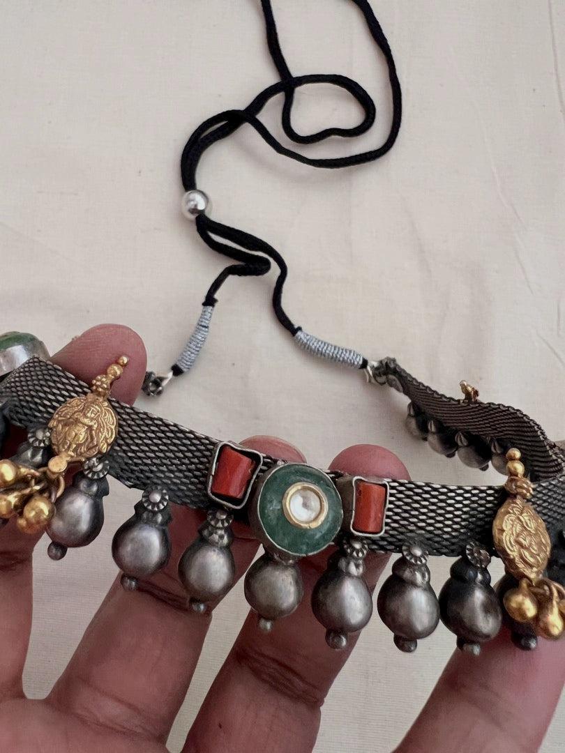 Dual tone necklace with kundan, coral and nakash motif-Silver Neckpiece-CI-House of Taamara