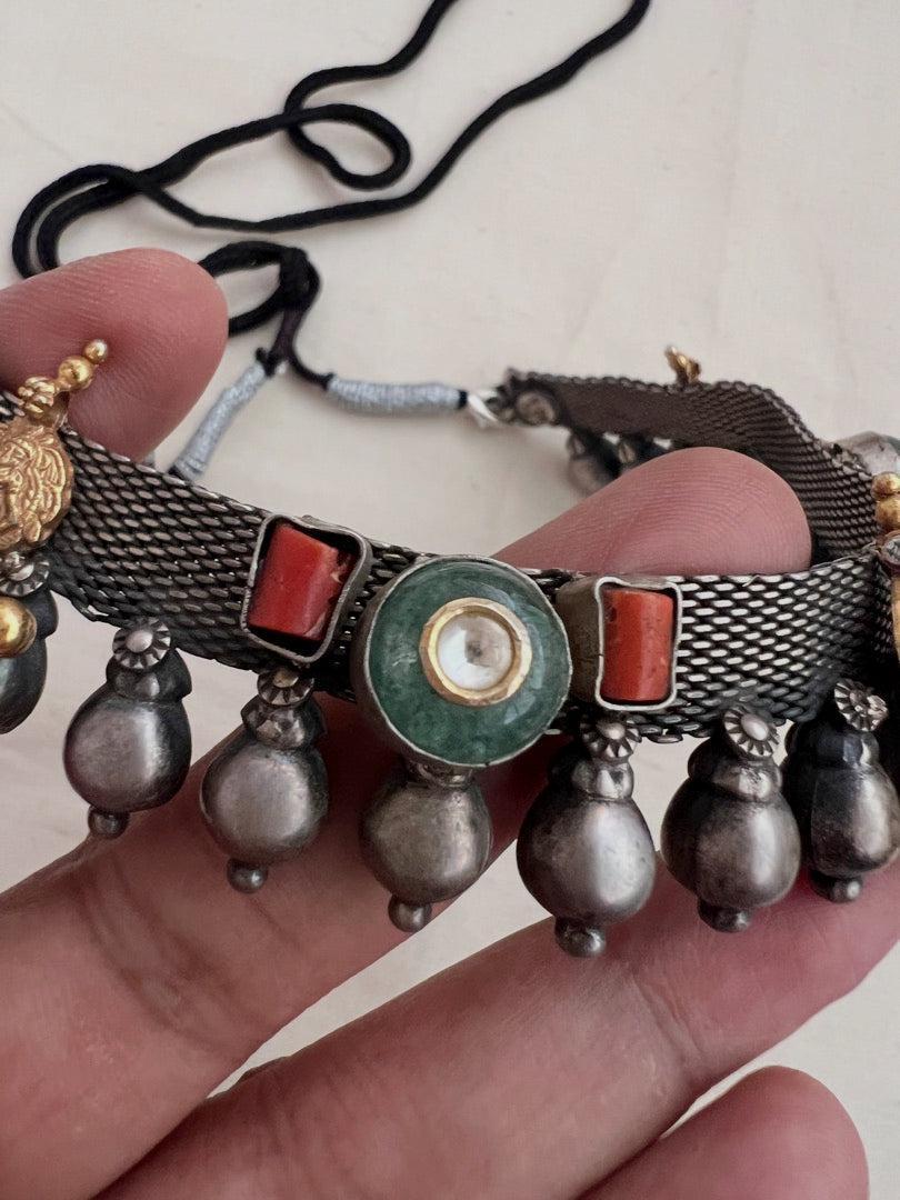 Dual tone necklace with kundan, coral and nakash motif-Silver Neckpiece-CI-House of Taamara