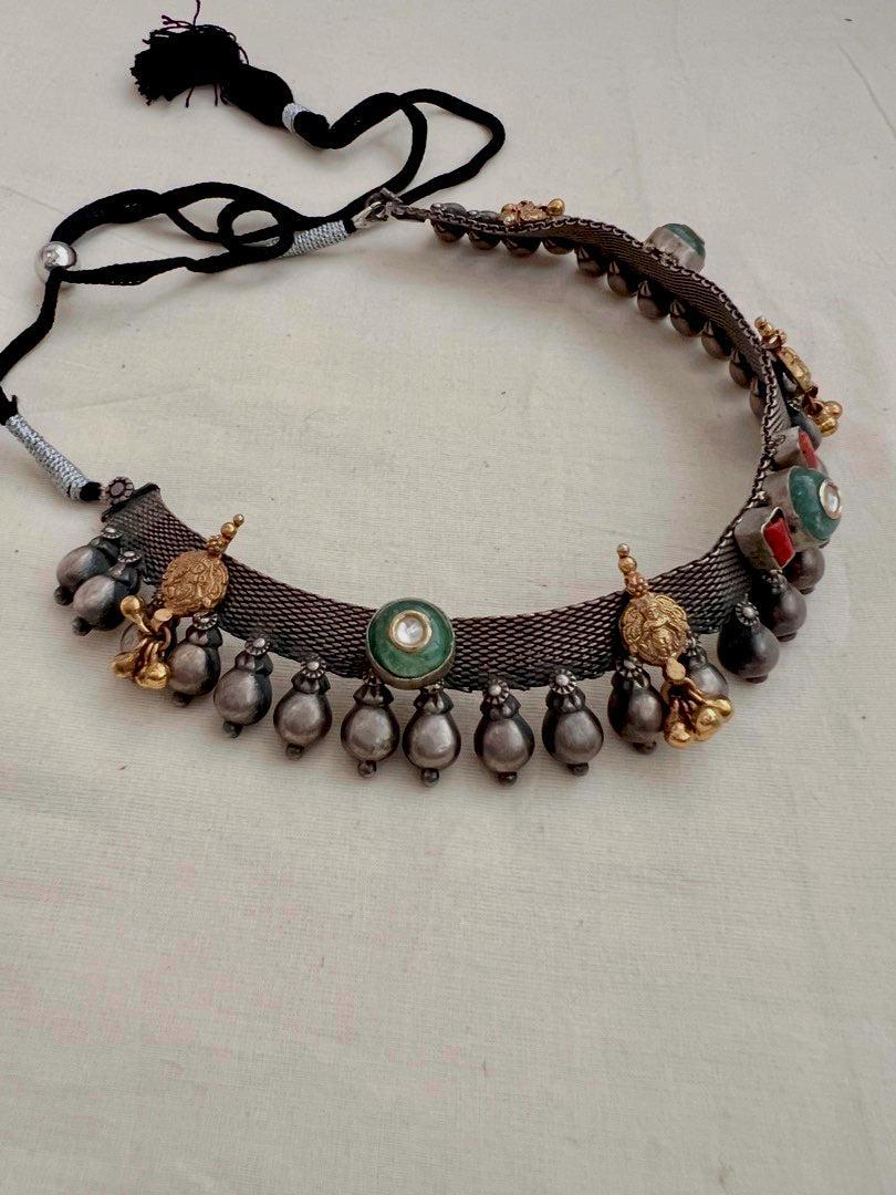 Dual tone necklace with kundan, coral and nakash motif-Silver Neckpiece-CI-House of Taamara