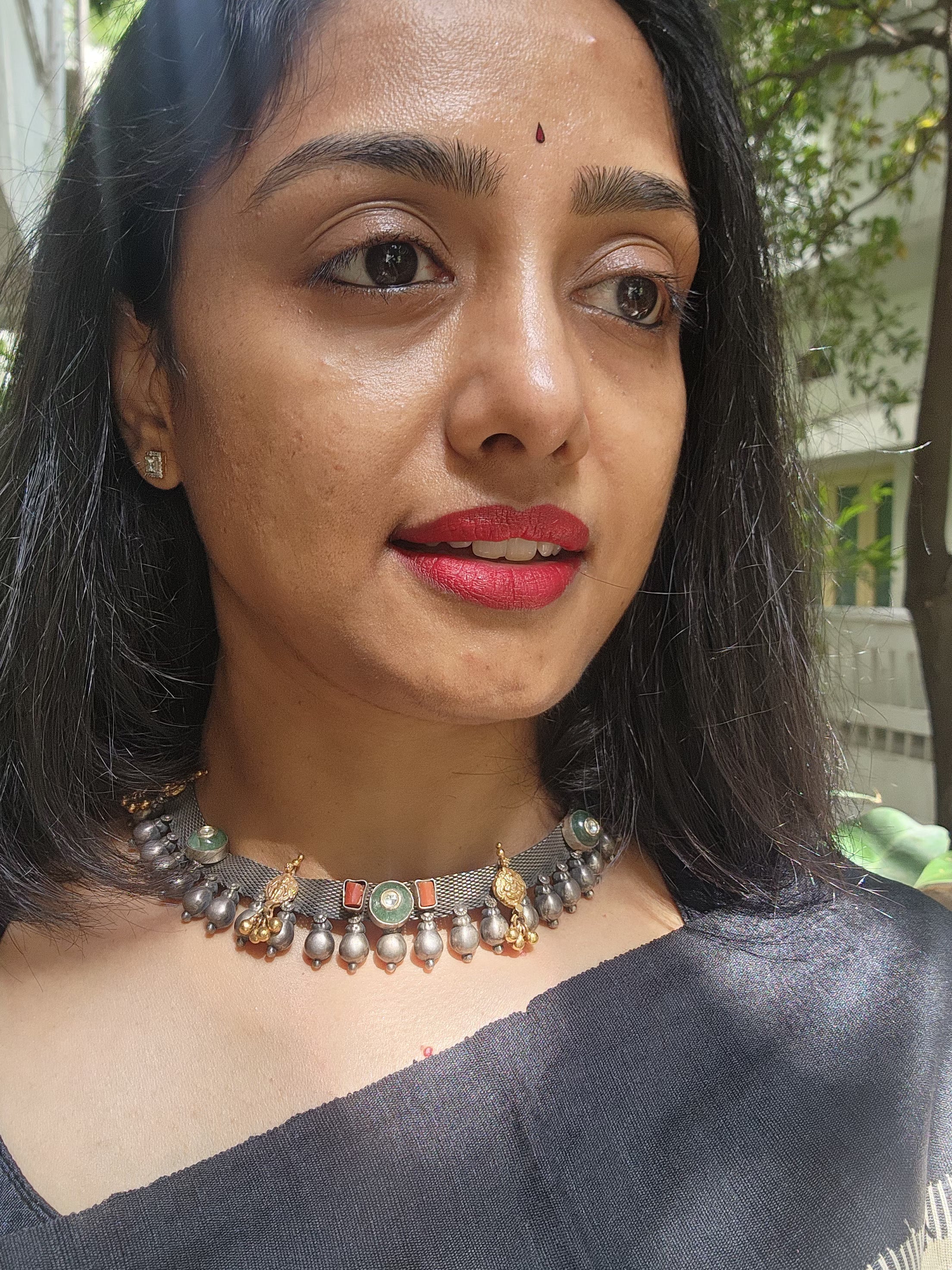 Dual tone necklace with kundan, coral and nakash motif-Silver Neckpiece-CI-House of Taamara