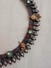 Dual tone necklace with kundan, coral and nakash motif-Silver Neckpiece-CI-House of Taamara