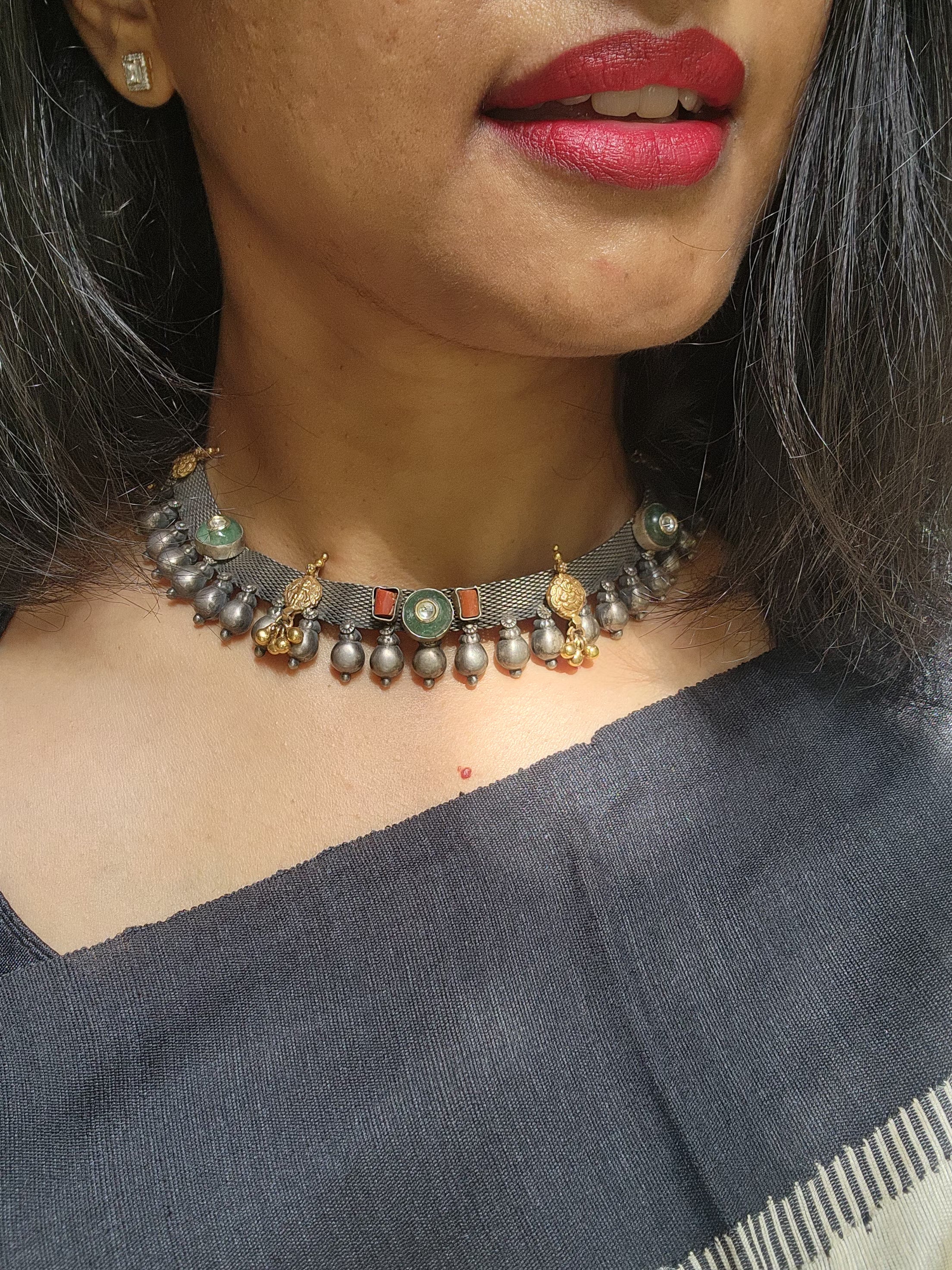 Dual tone necklace with kundan, coral and nakash motif-Silver Neckpiece-CI-House of Taamara