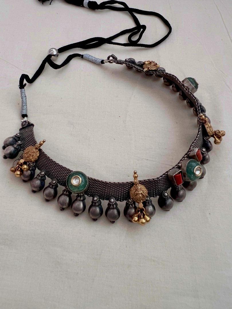 Dual tone necklace with kundan, coral and nakash motif-Silver Neckpiece-CI-House of Taamara
