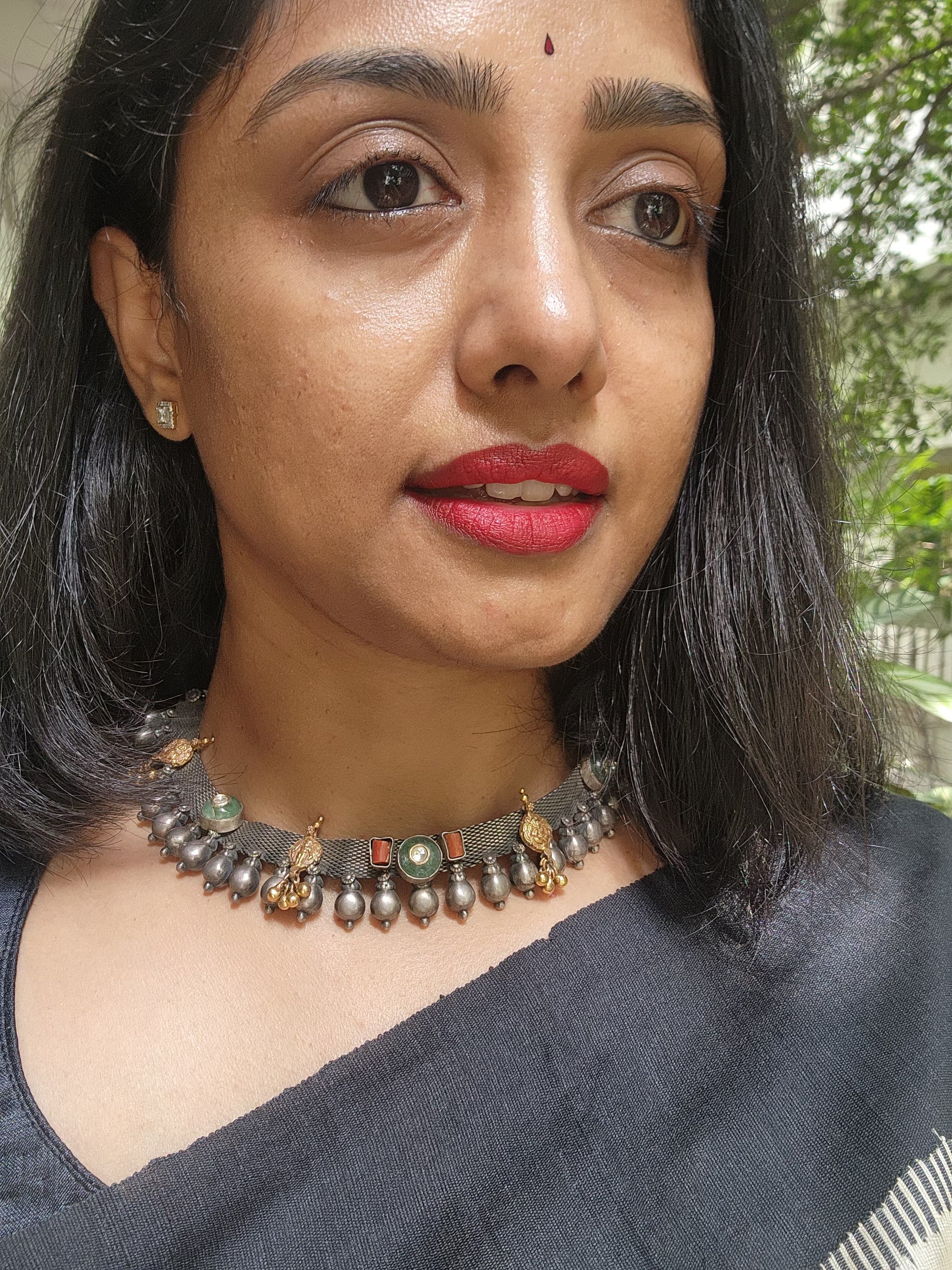 Dual tone necklace with kundan, coral and nakash motif-Silver Neckpiece-CI-House of Taamara