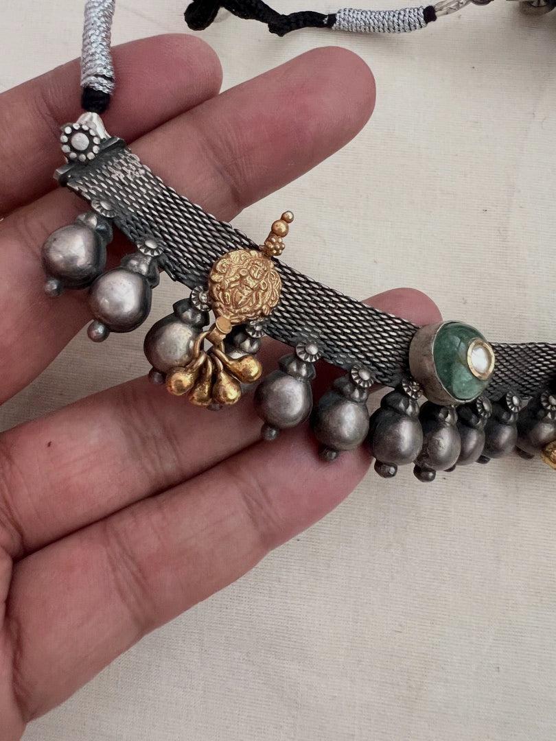 Dual tone necklace with kundan, coral and nakash motif-Silver Neckpiece-CI-House of Taamara