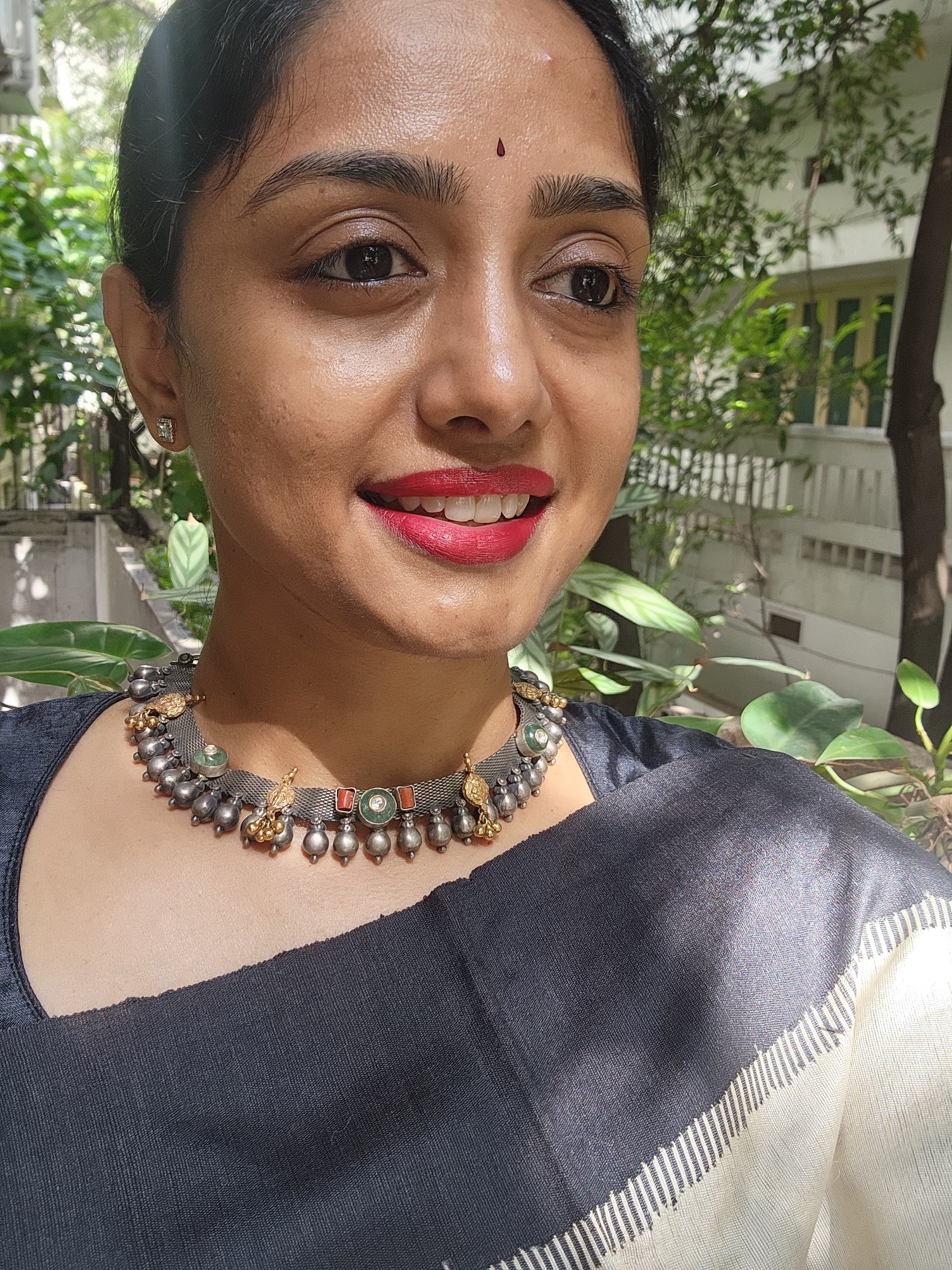 Dual tone necklace with kundan, coral and nakash motif-Silver Neckpiece-CI-House of Taamara