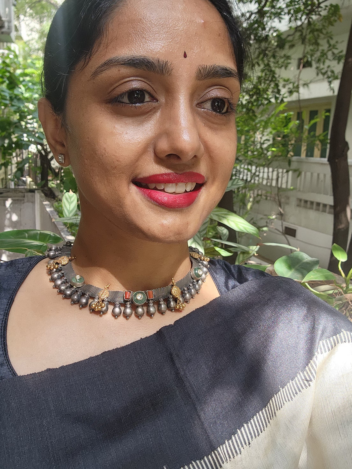 Dual tone necklace with kundan, coral and nakash motif-Silver Neckpiece-CI-House of Taamara
