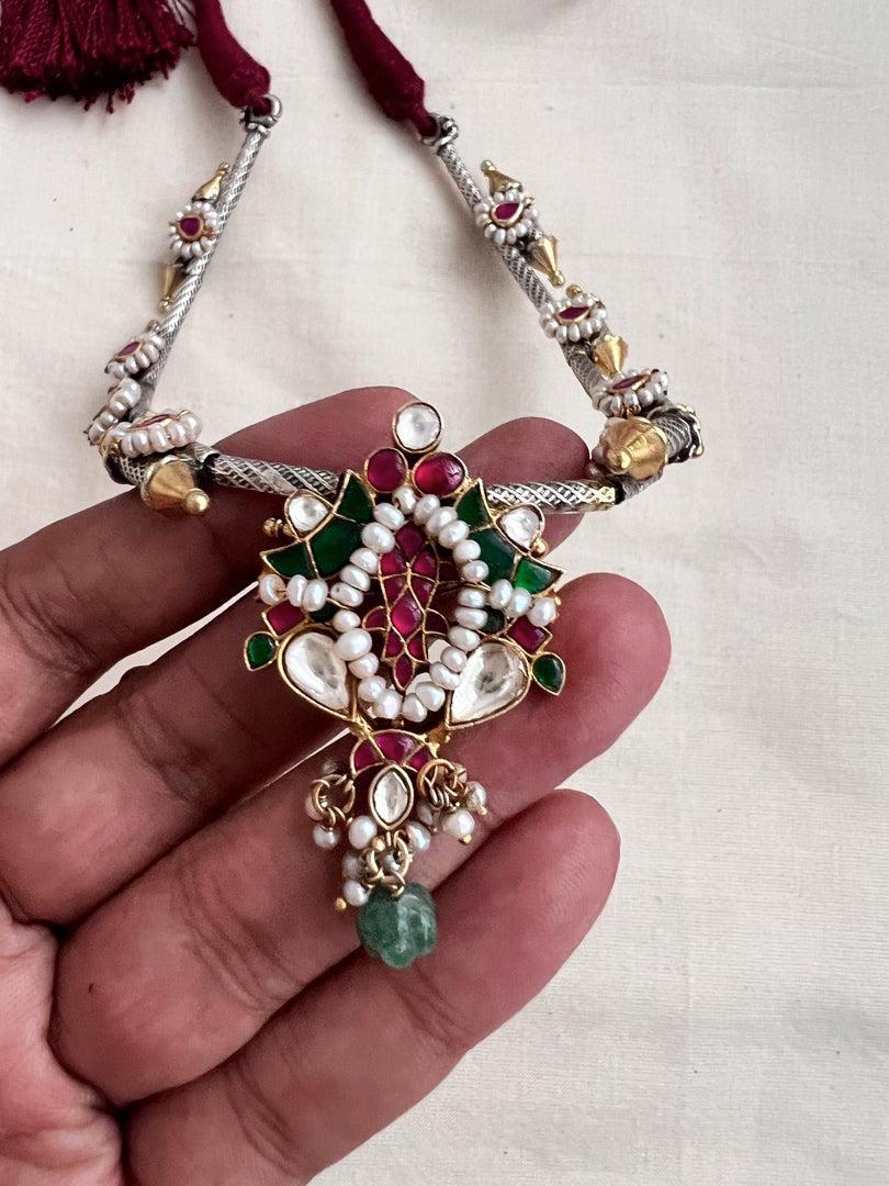 Dual tone necklace with kundan, ruby and emerald pendant-Silver Neckpiece-CI-House of Taamara