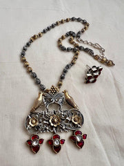 Dual tone necklace with kundan, ruby and peacock motifs, SET-Silver Neckpiece-CI-House of Taamara