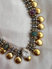 Dual tone necklace with navrathana stones-Silver Neckpiece-CI-House of Taamara