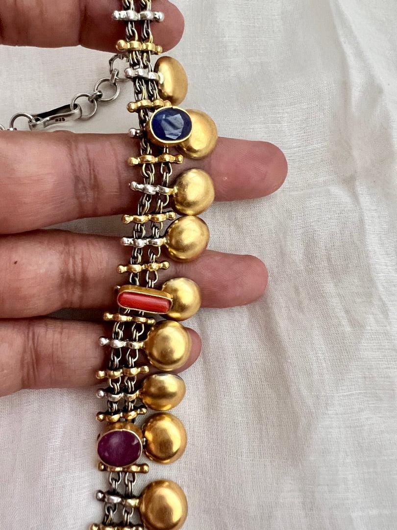 Dual tone necklace with navrathana stones-Silver Neckpiece-CI-House of Taamara
