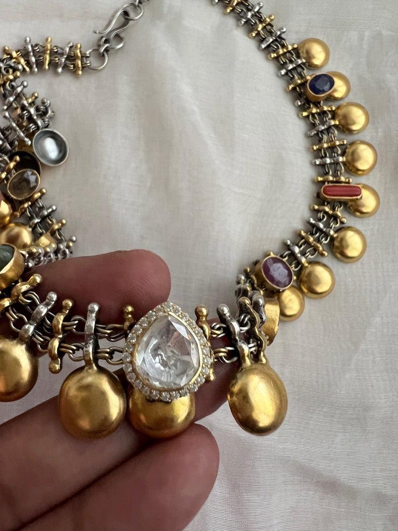 Dual tone necklace with navrathana stones-Silver Neckpiece-CI-House of Taamara