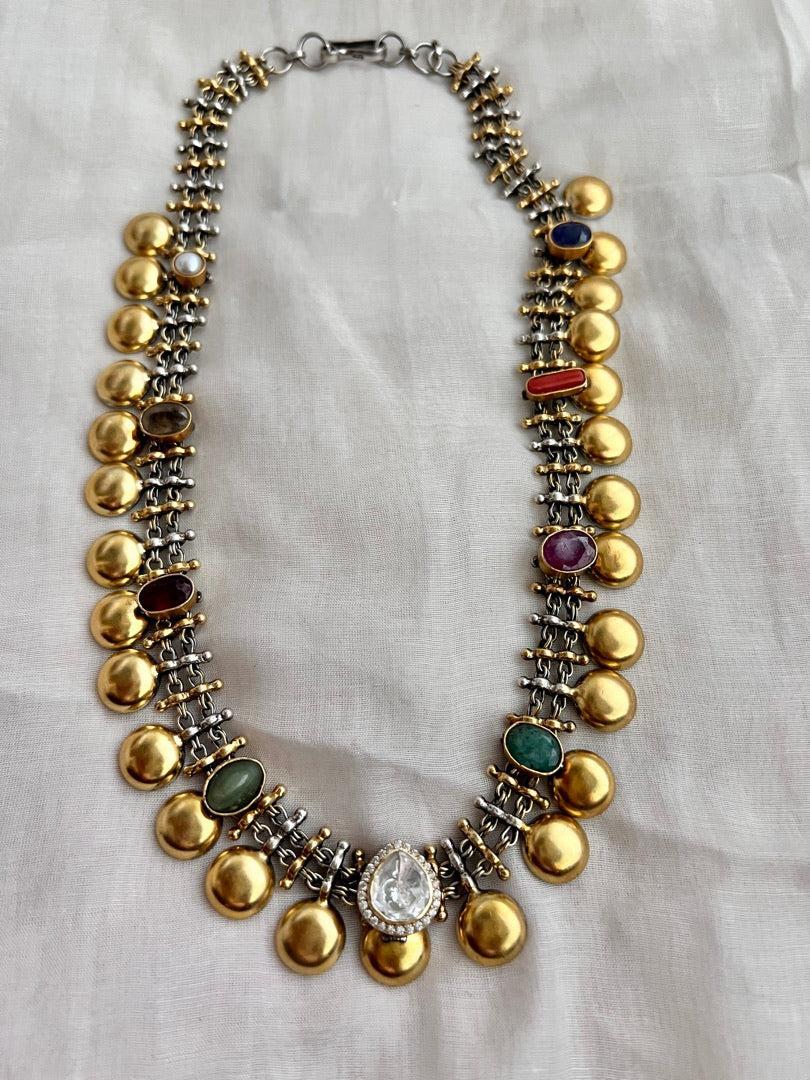 Dual tone necklace with navrathana stones-Silver Neckpiece-CI-House of Taamara