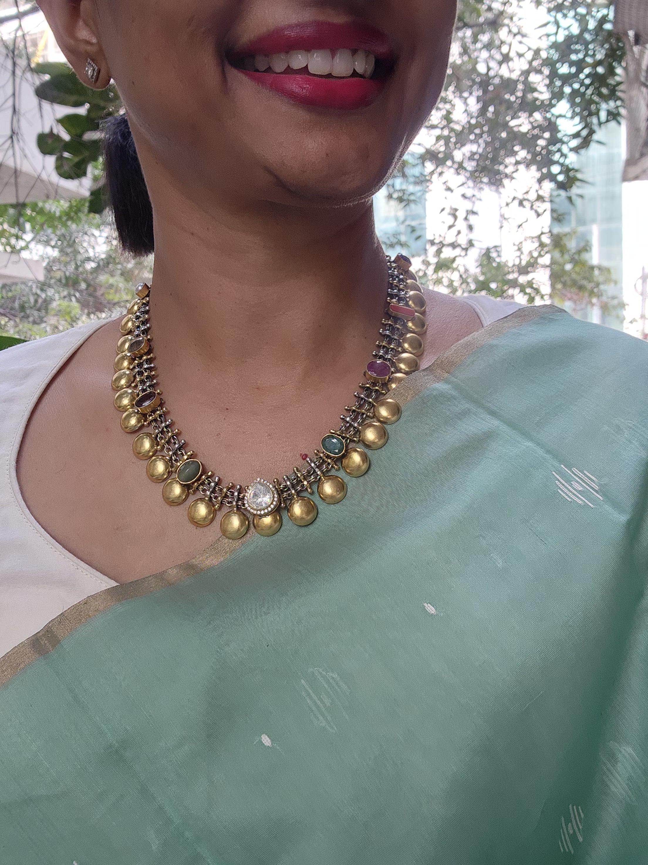 Dual tone necklace with navrathana stones-Silver Neckpiece-CI-House of Taamara