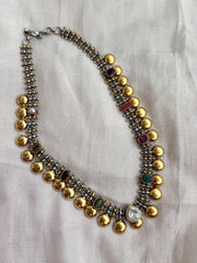 Dual tone necklace with navrathana stones-Silver Neckpiece-CI-House of Taamara