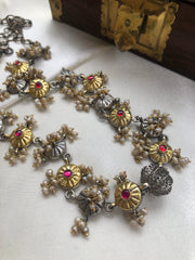 Dual Tone Necklace With Pearls & Ruby Stones With Silver Bead-Silver Neckpiece-PL-House of Taamara