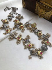 Dual Tone Necklace With Pearls & Ruby Stones With Silver Bead-Silver Neckpiece-PL-House of Taamara