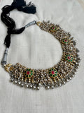 Dual tone statement necklace with emerald & ruby motifs and stringed pearls-Silver Neckpiece-CI-House of Taamara