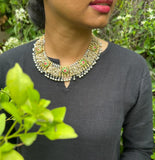 Dual tone statement necklace with emerald & ruby motifs and stringed pearls-Silver Neckpiece-CI-House of Taamara