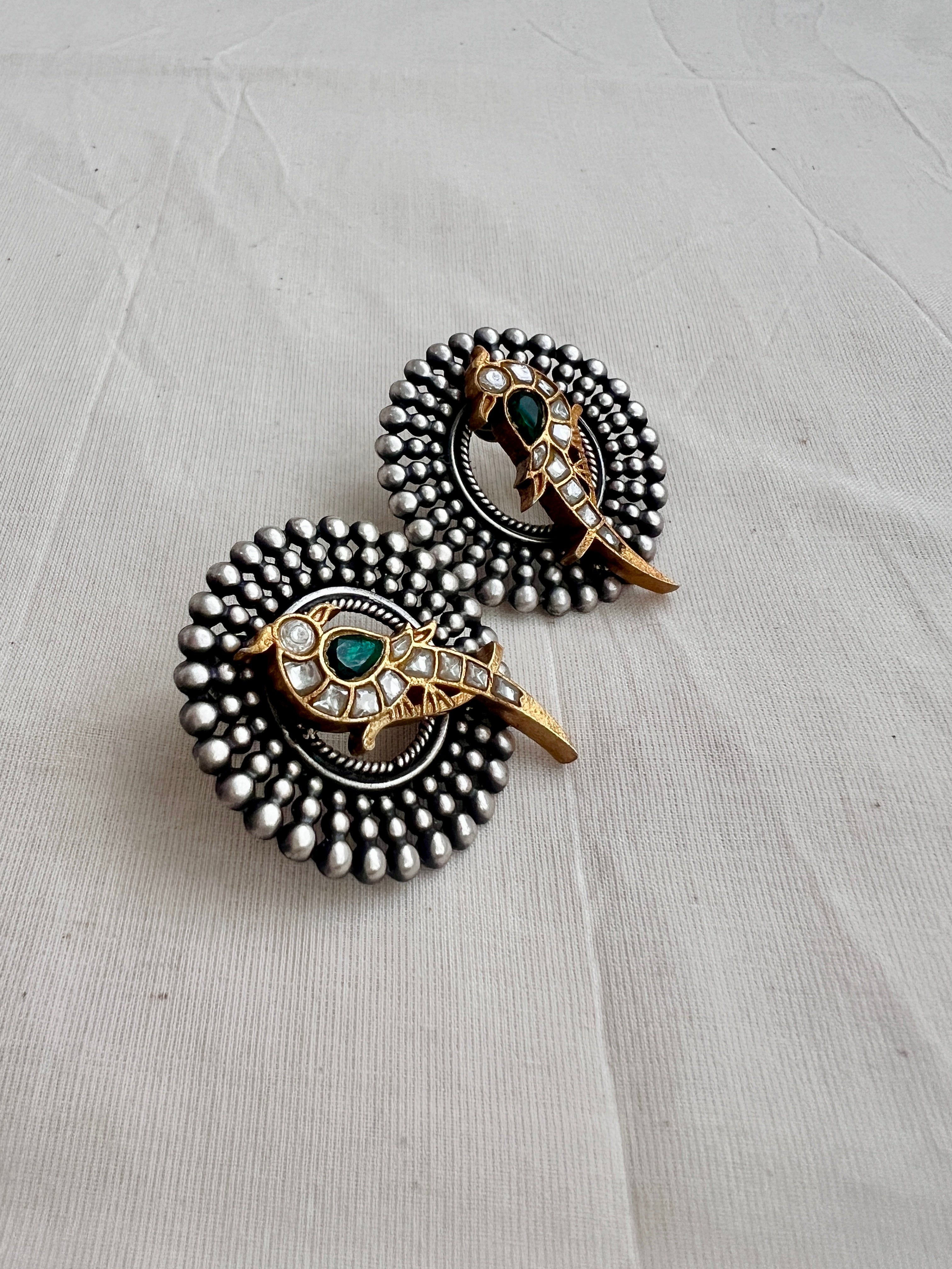 Dual tone studs with kundan & emerald peacock-Earrings-CI-House of Taamara