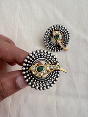 Dual tone studs with kundan & emerald peacock-Earrings-CI-House of Taamara