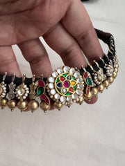 Dual tone thussi style black threaded necklace with kundan motifs-Silver Neckpiece-CI-House of Taamara