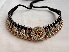 Dual tone thussi style black threaded necklace with kundan motifs-Silver Neckpiece-CI-House of Taamara