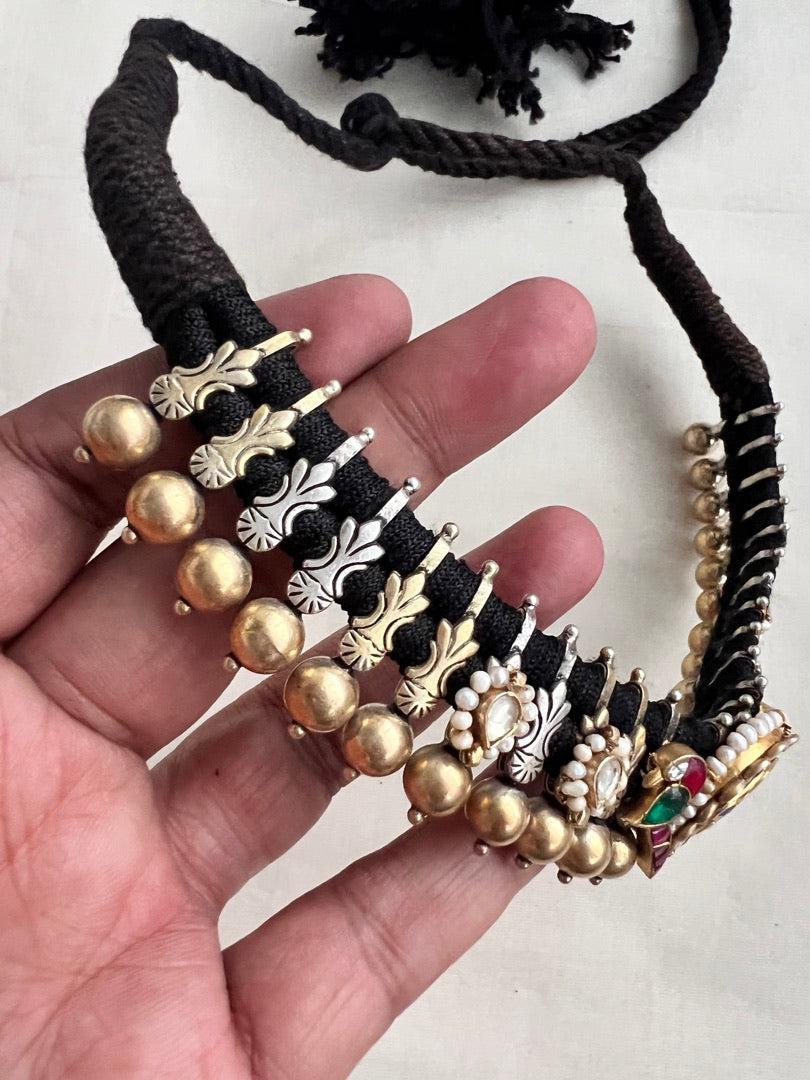 Dual tone thussi style black threaded necklace with kundan motifs-Silver Neckpiece-CI-House of Taamara