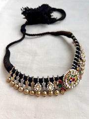 Dual tone thussi style black threaded necklace with kundan motifs-Silver Neckpiece-CI-House of Taamara