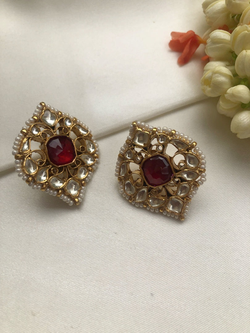 Kundan square ruby earrings