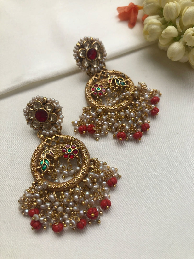 Kundan earrings with coral drop & pearls bunch