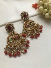 Kundan earrings with coral drop & pearls bunch