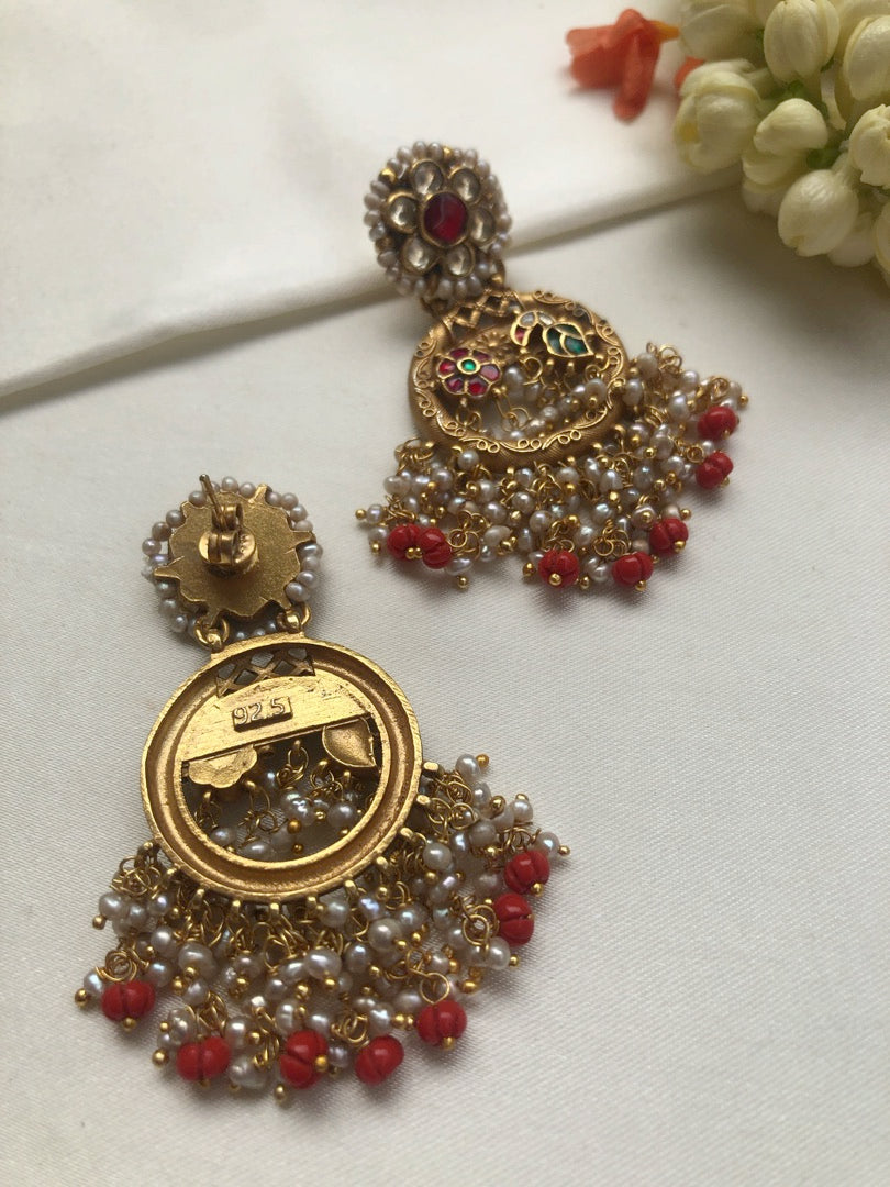 Kundan earrings with coral drop & pearls bunch