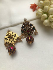 Kundan navratan earrings with antique style ruby drop