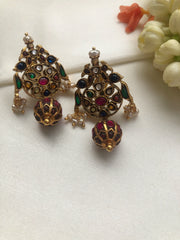 Kundan navratan earrings with antique style ruby drop