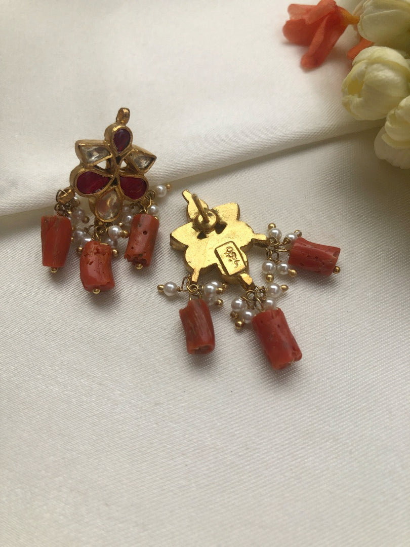 Kundan ruby earrings with coral drops