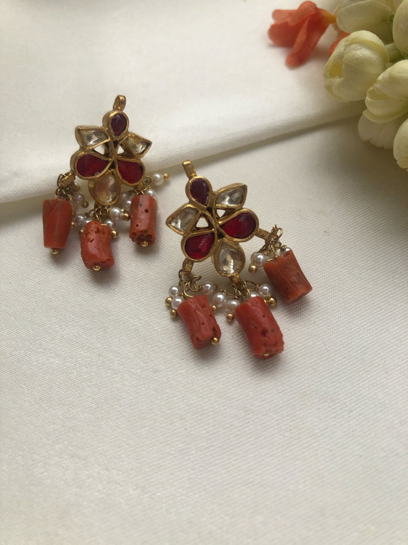 Kundan ruby earrings with coral drops