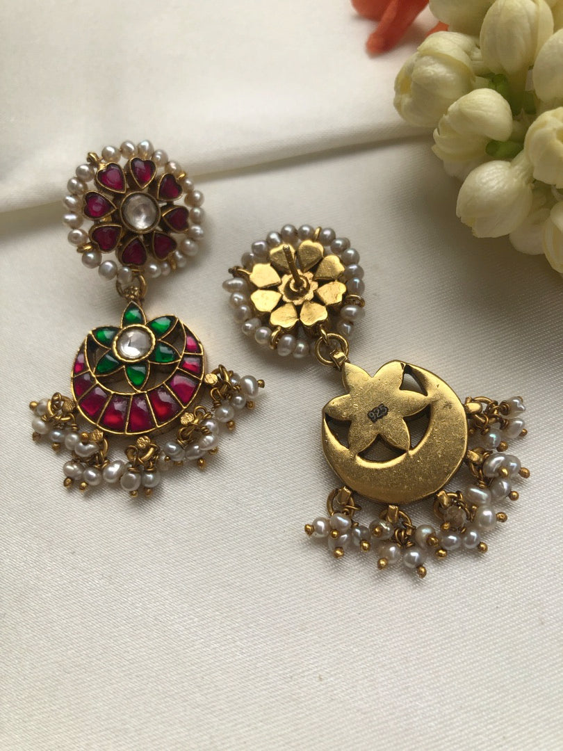 Kundan round ruby earrings with chand