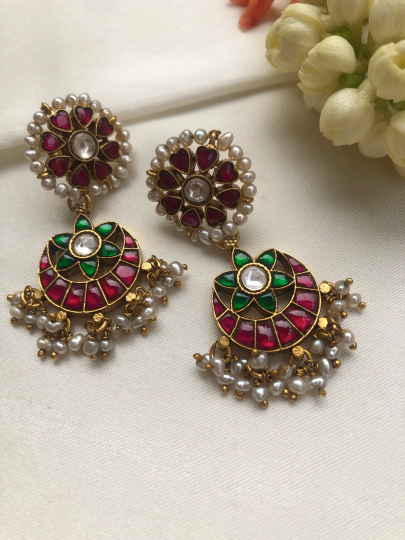 Kundan round ruby earrings with chand