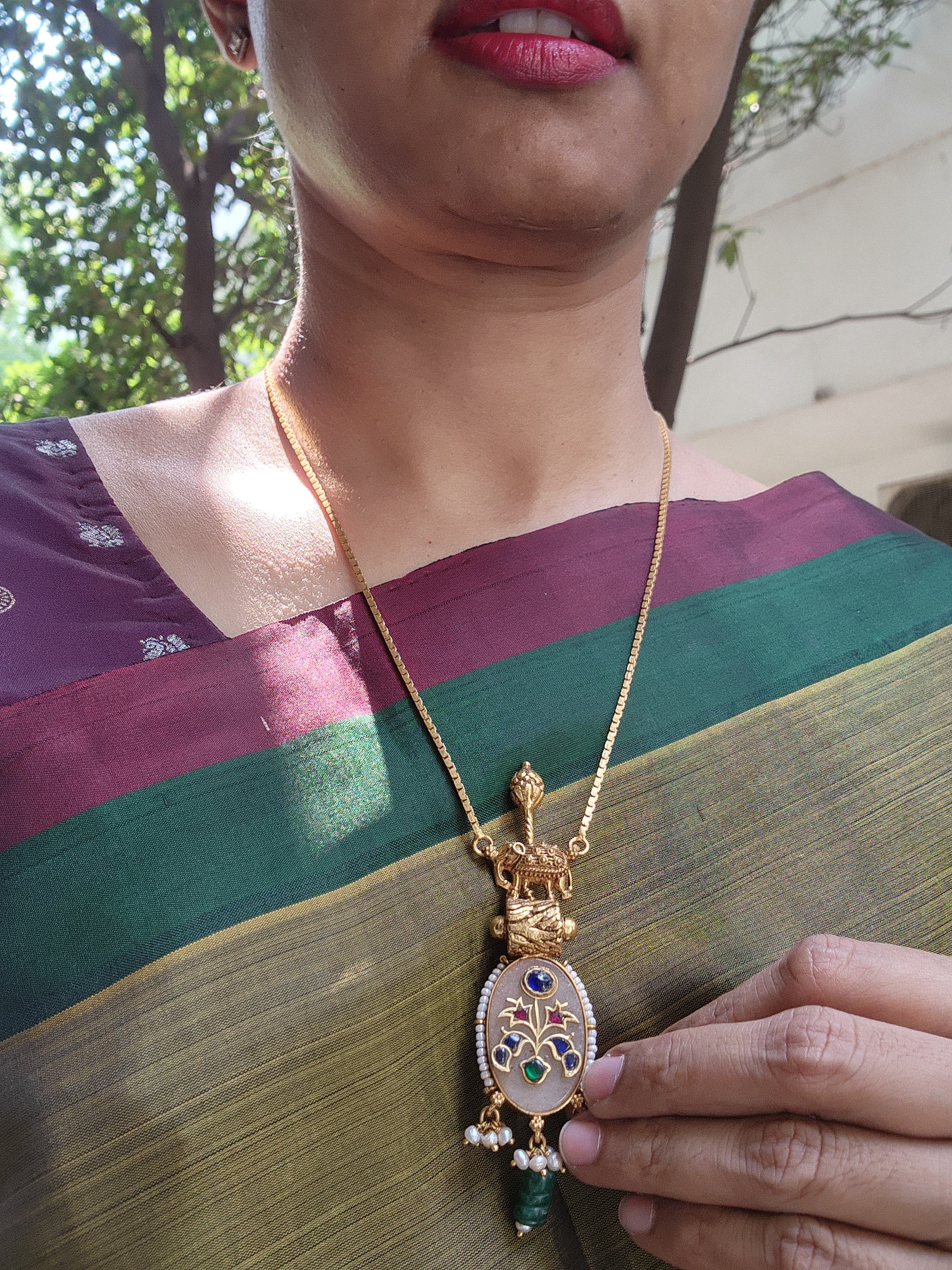 Elephant nakash pendant with gold polish chain-Silver Neckpiece-PL-House of Taamara
