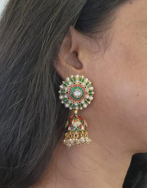 Enamel kundan jhumkas with pearls-Earrings-PL-House of Taamara